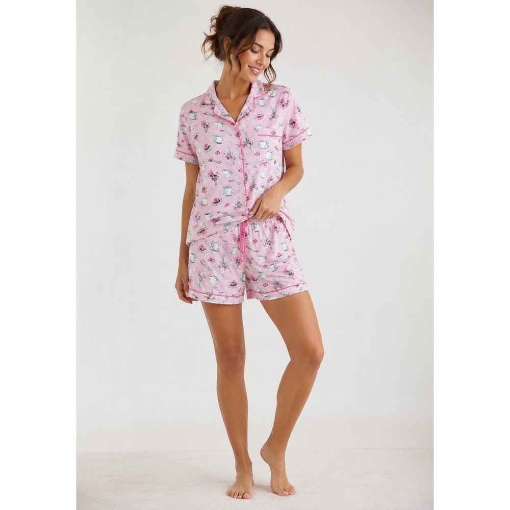 Jaclyn Intimates Lilac Diner Date Pajama‎ Set Short Sleeve Shorts NWT Large